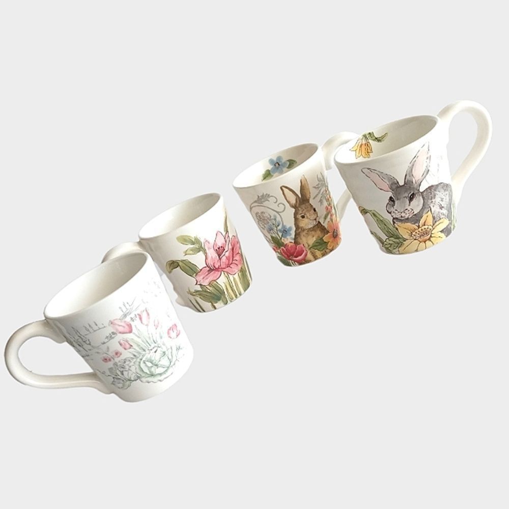 Large Maxcera Rabbits & Flowers Ceramic Mugs Set of 4